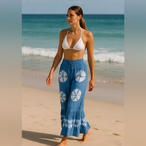 Boho Tiered Palazzo Tie Dye smocked stretch waist Pants resort cruise beach sz S